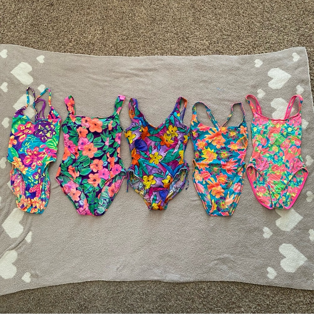 Junior’s Vintage Neon Floral Size 11 12 One Piece Swimsuit bundle Made in USA